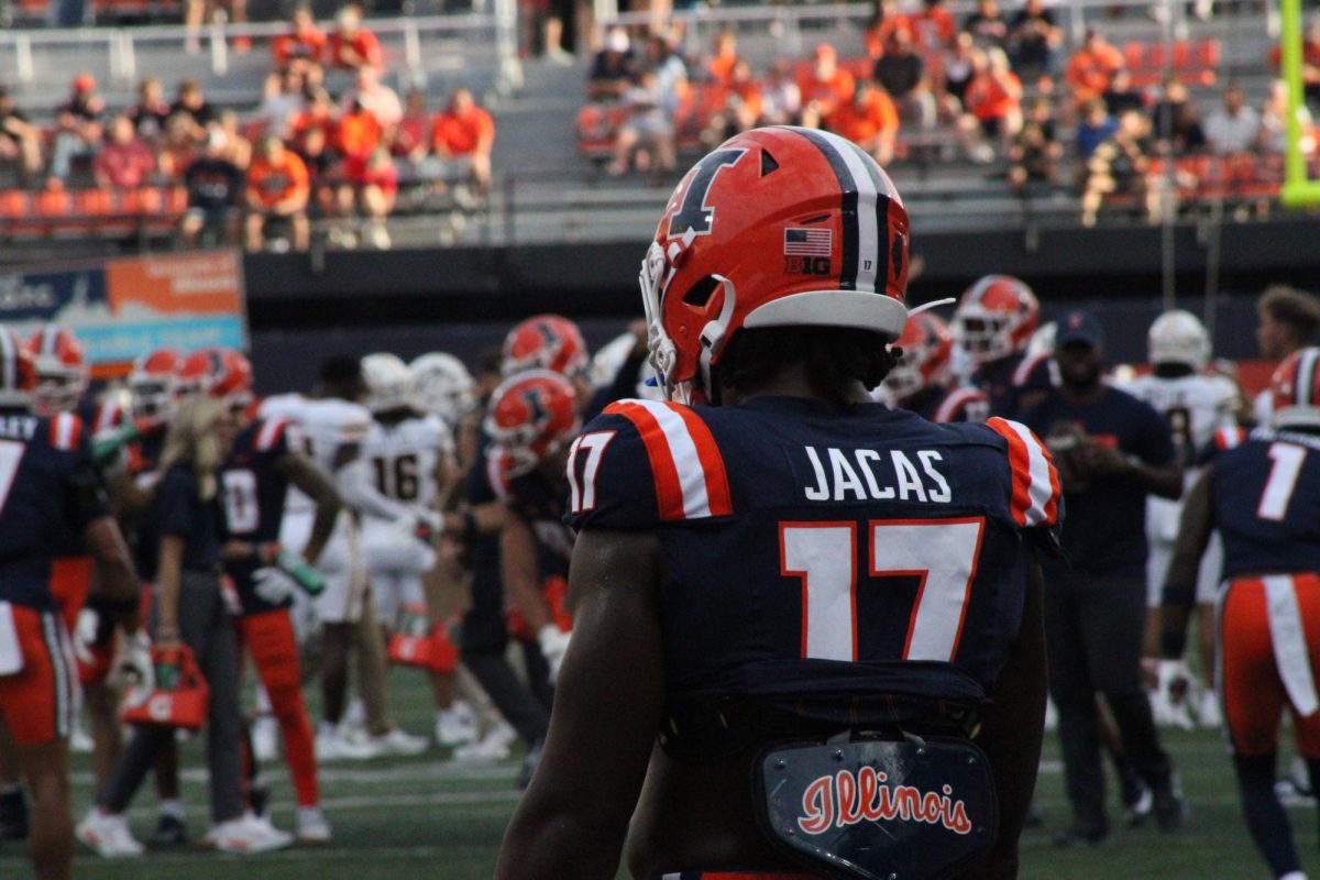 Senior linebacker Gabe Jacas stands on Zuppke Field at Gies Memorial Stadium pregame for Illinois’ game against Western Michigan on Sept. 13.