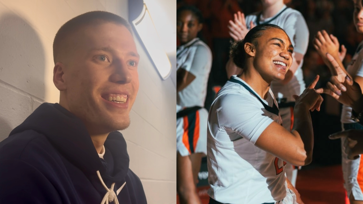 (Left) Grauduate student forward Ben Humrichous smiles while talking with the media following a Braggin' Rights victory in St. Louis on Dec. 22 and (right) former lllini women's basketball player Adalia McKenzie goes through starting lineup introductions before a game on Jan. 28, 2024.