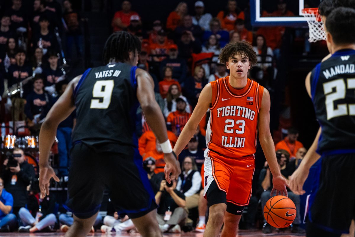 Freshman guard Keaton Wagler handles the ball against Washington on Jan. 29 at State Farm Center.