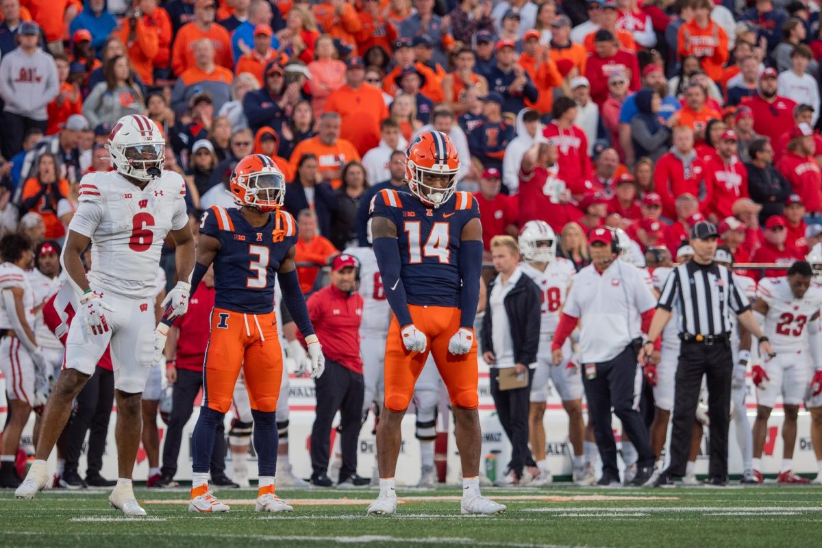 Defensive back Xavier Scott celebrates after he makes a defensive play against the Wisconsin Badgers on Oct. 21, 2023.