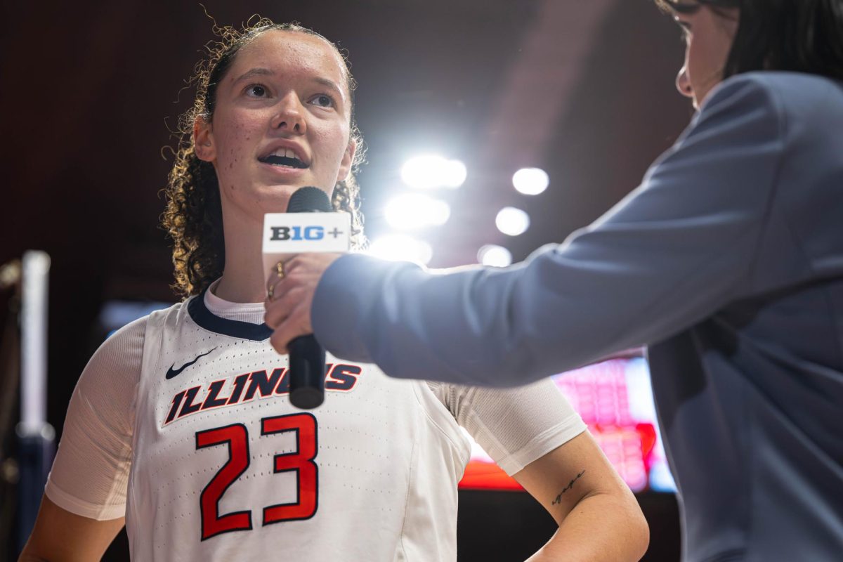Sophomore forward Berry Wallace talks with a reporter following an Illinois victory over Illinois State on Nov. 9, 2025, where Wallace led the way with 23 points and seven rebounds.