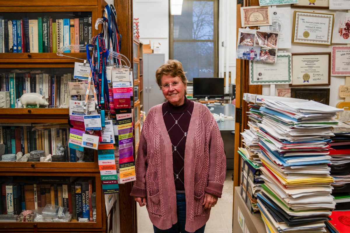 Waltraud Kriven stands in her office in the Materials Science and Engineering Building on Nov. 18, 2025. She is the principal investigator studying applications and developments of geopolymers.