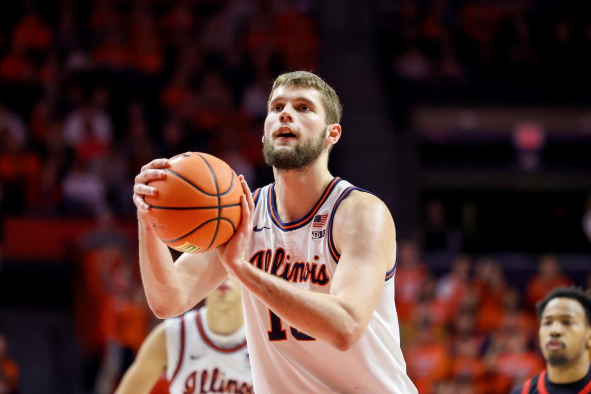 Junior center Tomislav Ivišić shoots a free throw against Maryland on Jan. 21 at State Farm Center.