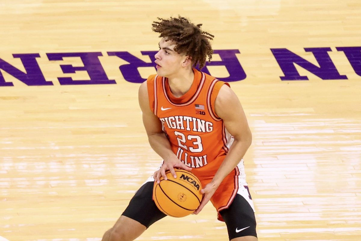 Freshman guard Keaton Wagler prepares to shoot a stepback 3-pointer against Northwestern on Jan. 14 at Welsh-Ryan Arena.