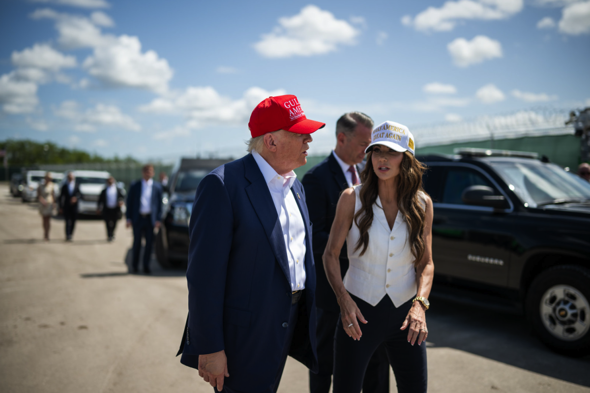 President Donald Trump speaks with Secretary of Homeland Security Kristi Noem during a tour of the immigration detention center referred to as “Alligator Alcatraz,” on July 1, 2025. U.S. Rep. Robin Kelly, IL-12, has filed articles of impeachment against Noem.