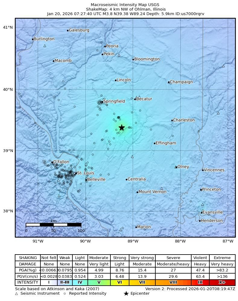 A macroseismic intensity map shows the location of the earthquake which rocked central and southern Illinois early Tuesday. The epicenter was southwest of Springfield.
