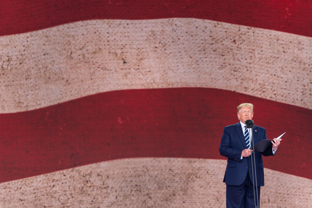 President Donald J. Trump addresses his remarks during a D-Day National Commemorative Event Wednesday, June 5, 2019, at the Southsea Common in Portsmouth, England.