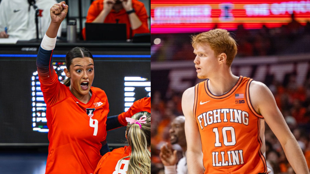 (Left) Illinois volleyball graduate student outside hitter Kayla Burbage celebrates following a point against Purdue on Oct. 24, and (right) former Illinois men’s basketball wing Luke Goode during a game against Iowa on Feb. 24, 2024.