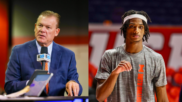 (Left) lllinois head coach Brad Underwood at Big Ten Media Day in Rosemont, Illinois, on Oct. 9, 2025, and (right) forward Carey Booth at an Illini practice on Nov. 7, 2024, at State Farm Center.