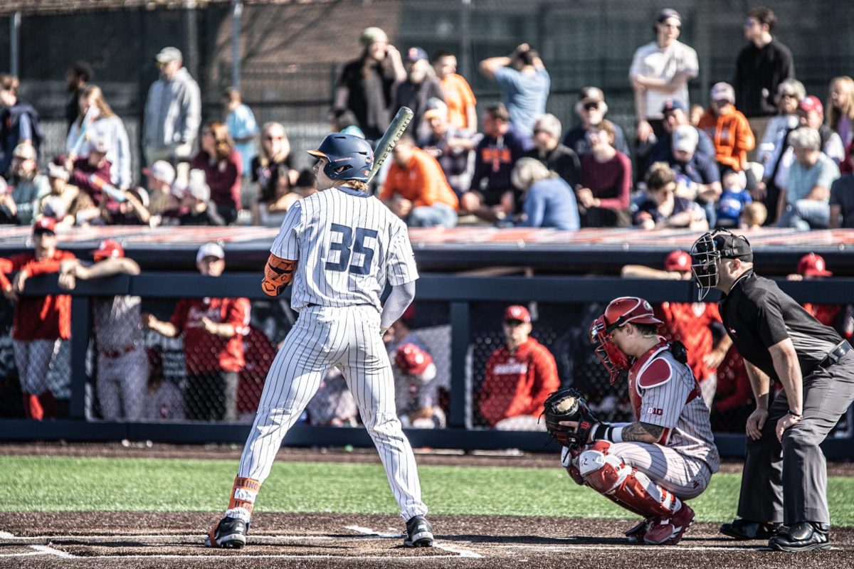 Senior catcher Will Johannes gets ready for the pitch on April 12, 2025 in Illinois’ game against Indiana.