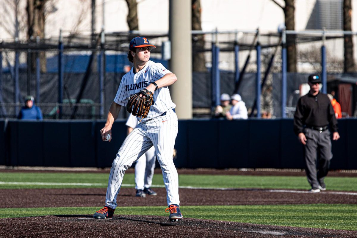 Redshirt junior right-handed pitcher Ben Plumley pitching against Indiana on April 12, 2025.