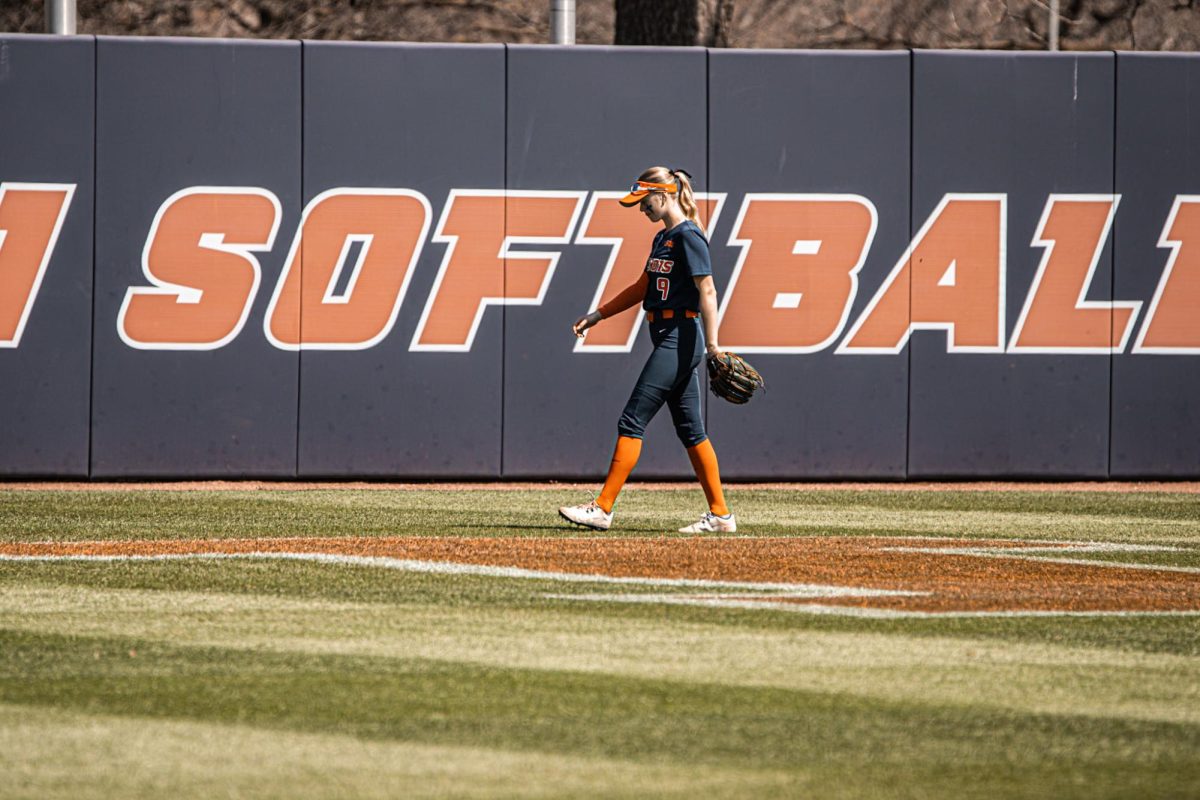 Outfielder Alaina Miller paces in center field during Illinois’ game against Michigan State on April 12, 2025.