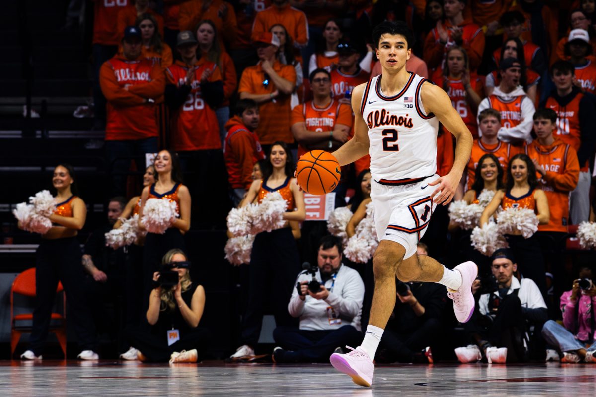 Junior wing Andrej Stojaković takes the ball down the court in the second hald of the game versus Maryland on Jan. 21. The Illini defeated the Terrapins 89-70.
