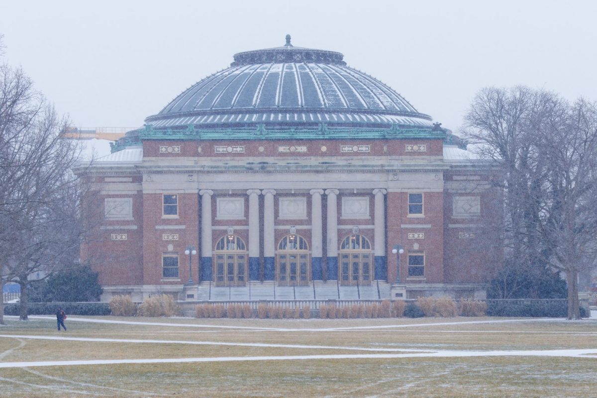Foellinger Auditorium stands at the south end of the Main Quad on Jan. 24. The UI System released its annual report in January, detailing its three campuses’  recent achievements.