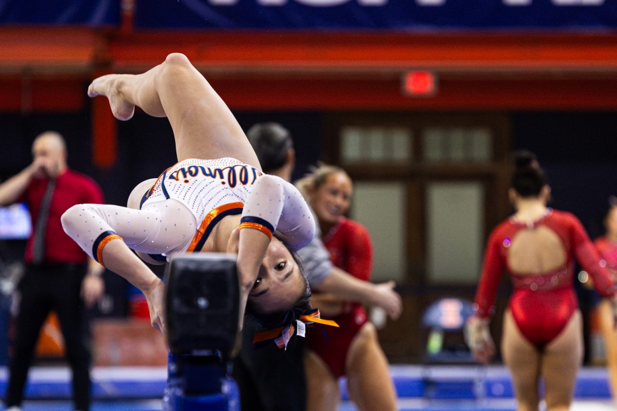 Sophomore Chloe Cho competes her beam routine during a meet versus Maryland on Feb. 1.