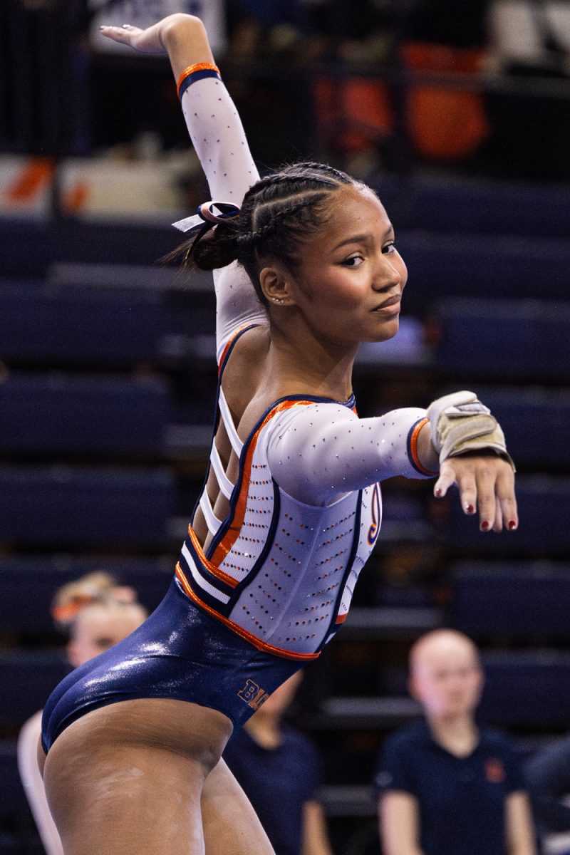 Freshman Ava Banks performs her floor routine at the Illinois vs. Maryland meet on Feb. 1. (Sam Rink)