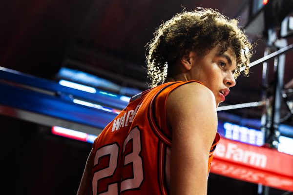 Freshman guard Keaton Wagler waits behind the baseline to receive the basketball from an official during the Illinois vs. Northwestern game Feb. 4. Illinois defeated Northwestern 84-44, cementing its 12 win in a row.