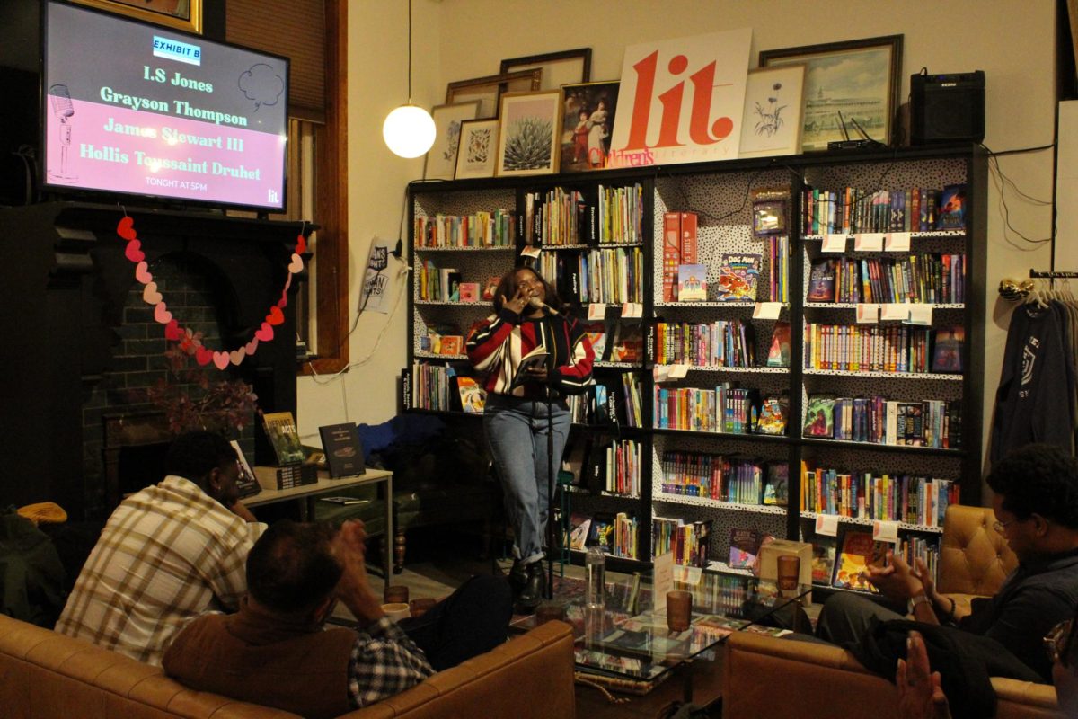 Poet and author I.S. Jones recites a section of her book "Bloodmercy" at Exhibit B's Black History Month Variety Show at the Literary on Feb. 7.