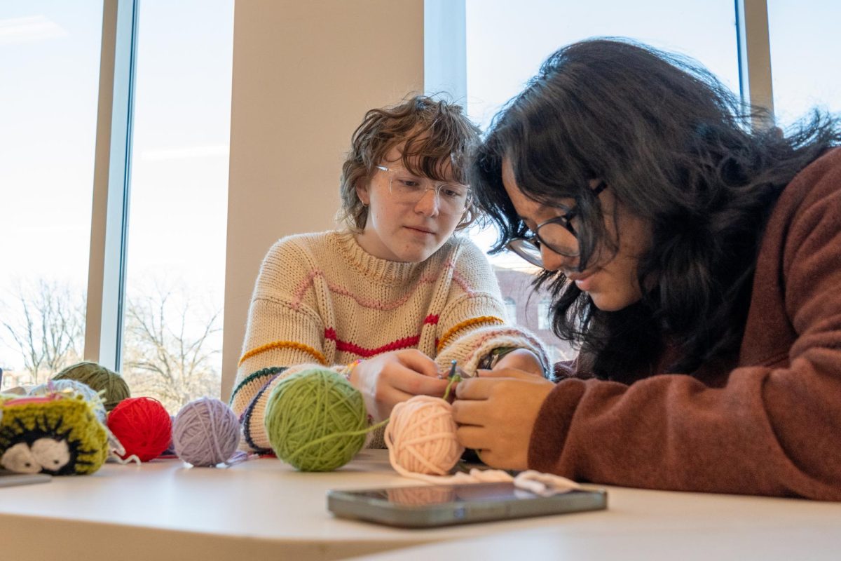 Dylan Peters (left), freshman in Engineering, leads Zara Ahmed (right), freshman in Engineering, through a row of stitches during a weekly Stitching Illini meeting Feb. 18. The RSO provides a space for new and experienced crafters to work on projects and get help.