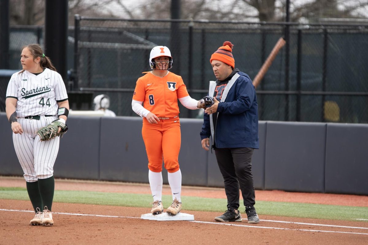Illinois freshman infielder Keirys Click stands on first base after reaching against the Michigan State Spartans on April 14, 2025.