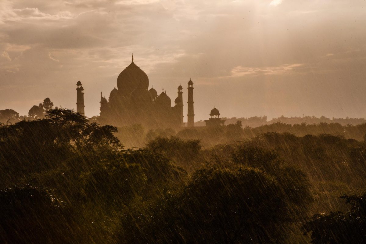 Rain falls on the Taj Mahal on Aug. 14, 2013.