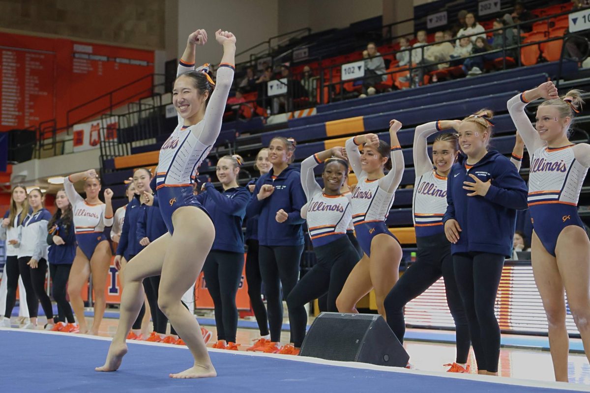 Sophomore Chloe Cho performs her floor routine at Huff Hall during Illinois' gymnastics meet against Maryland on Feb. 1.