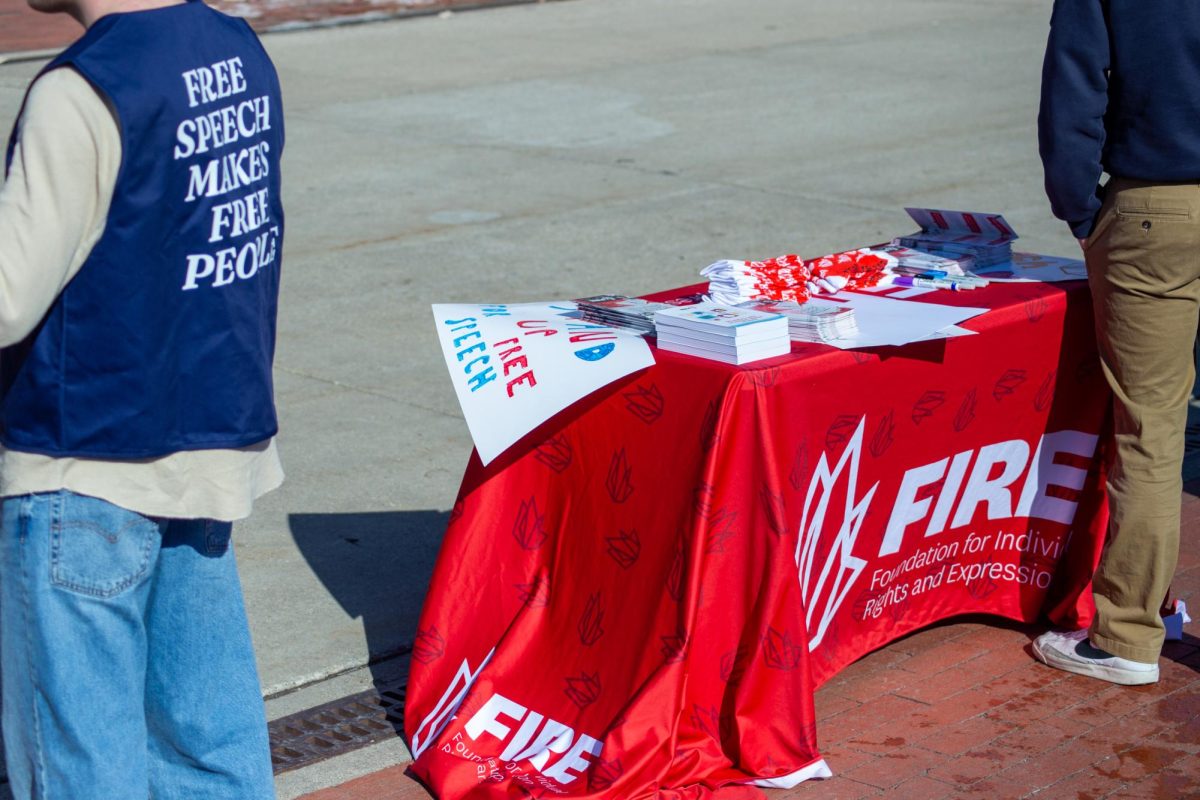 The Foundation for Individual Rights and Expression tables in support of Illini Republicans on the Main Quad on Tuesday. In an exclusive interview, the president of the group and sophomore in LAS, Finn McIntosh, defended past comments, discussed the University response and more.