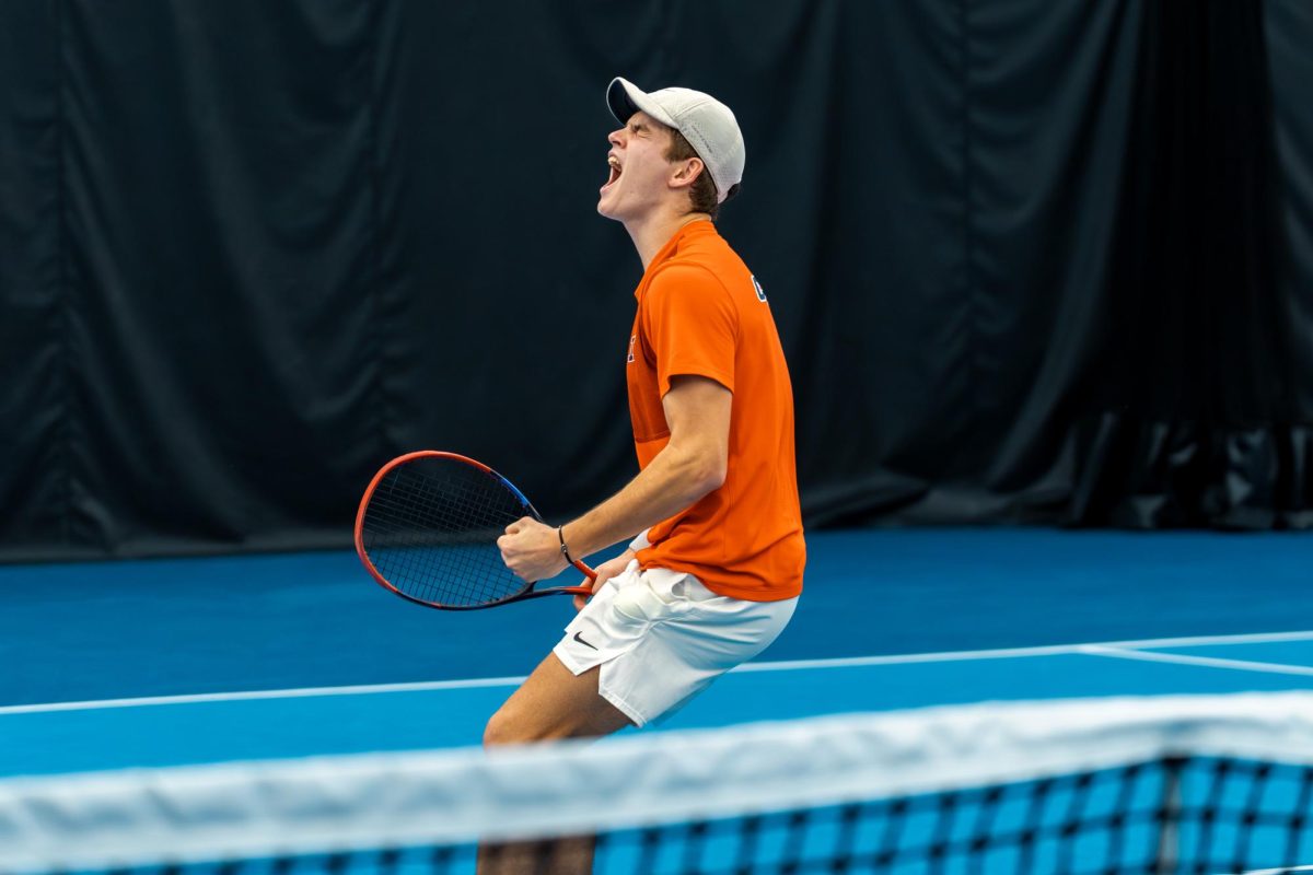 Freshman Sasha Colleu celebrates winning a crucial point against UNC at Atkins Tennis Center on Feb. 22. 