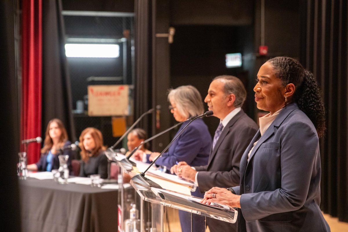 Lt. Gov. Juliana Stratton, Rep. Robin Kelly and Rep. Raja Krishnamoorthi at the WGN News–hosted U.S. Senate primary debate in Chicago Thursday.