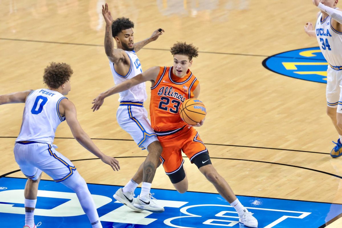 Illinois freshman guard Keaton Wagler drives to the rim against UCLA on Feb. 21 at Pauley Pavilion in the Westwood neighborhood of Los Angeles.