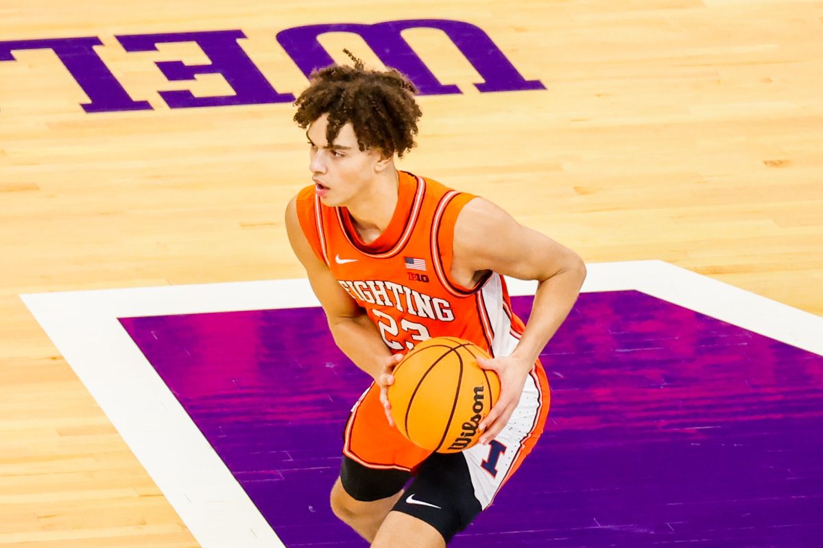 Freshman guard Keaton Wagler handles the ball against Northwestern at Welsh-Ryan Arena on Jan. 14.