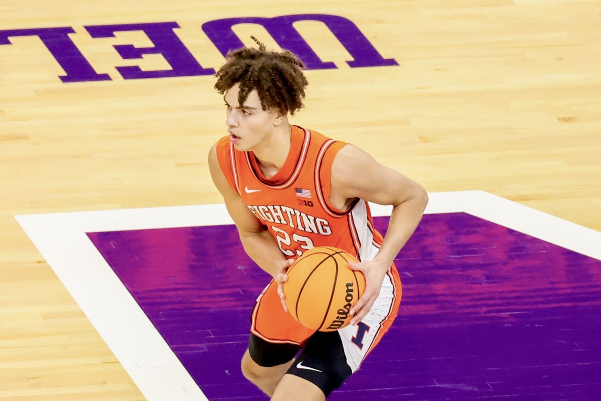 Freshman guard Keaton Wagler handles the ball against Northwestern at Welsh-Ryan Arena on Jan. 14.