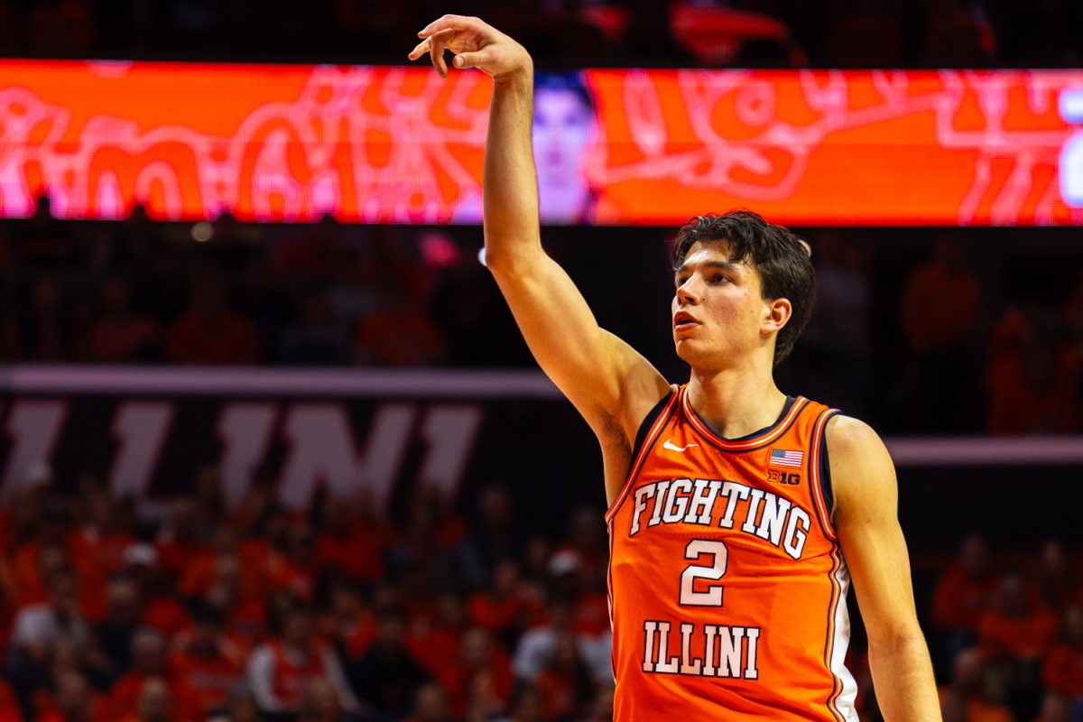 Junior wing Andrej Stojaković shoots a free throw in Illinois' win over Northwestern on Feb. 5, 2026. Stojaković led the Illini in scoring in the matchup with 17 points.