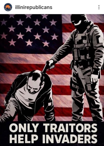 A photo, posted by Illini Republicans on Instagram, shows what appears to be a federal agent pointing a gun at someone's head. The group has said it stands with U.S. Immigration and Customs Enforcement.