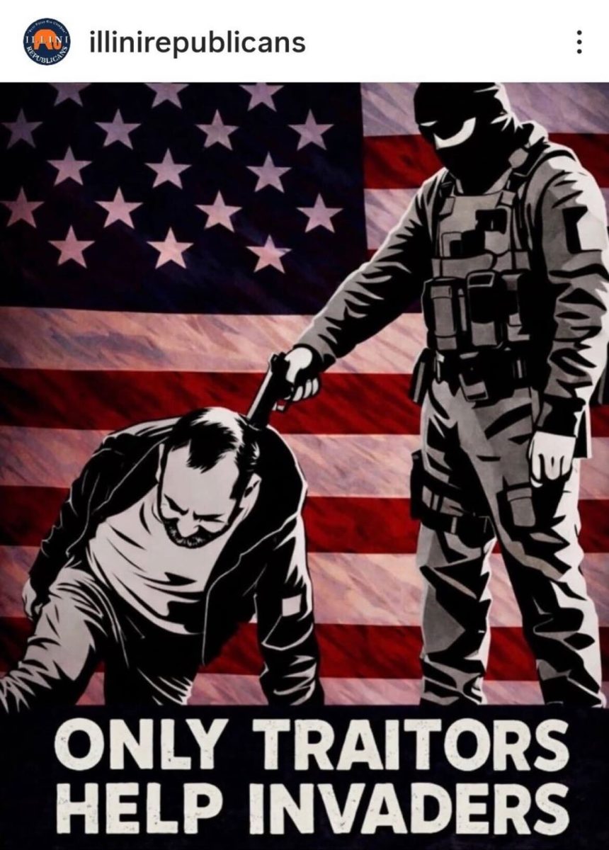 A photo, posted by Illini Republicans on Instagram, shows what appears to be a federal agent pointing a gun at someone's head. The group has said it stands with U.S. Immigration and Customs Enforcement.