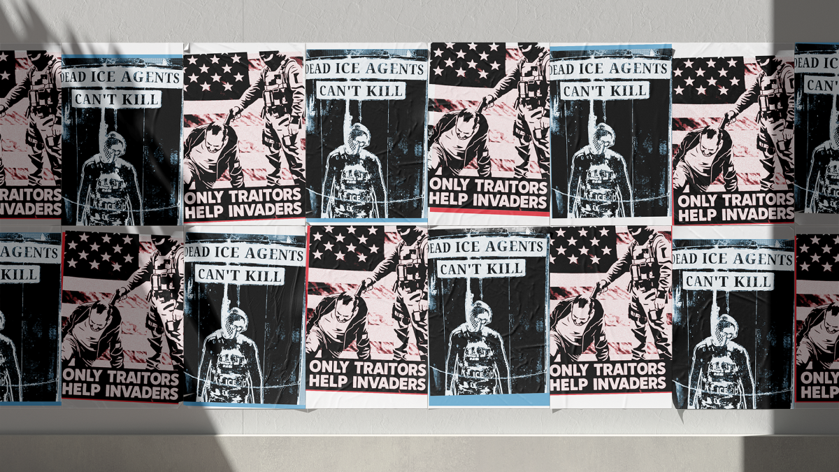 A digital graphic reflecting the Illini Republicans’ post and the flyer found at Penn State reading “Dead ICE agents can't kill,” designed to look like posters on a wall.