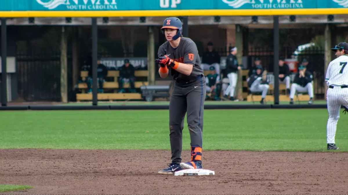 Freshman first baseman AJ Putty on base in Illinois’ game against No. 6 Coastal Carolina on Feb. 22. 