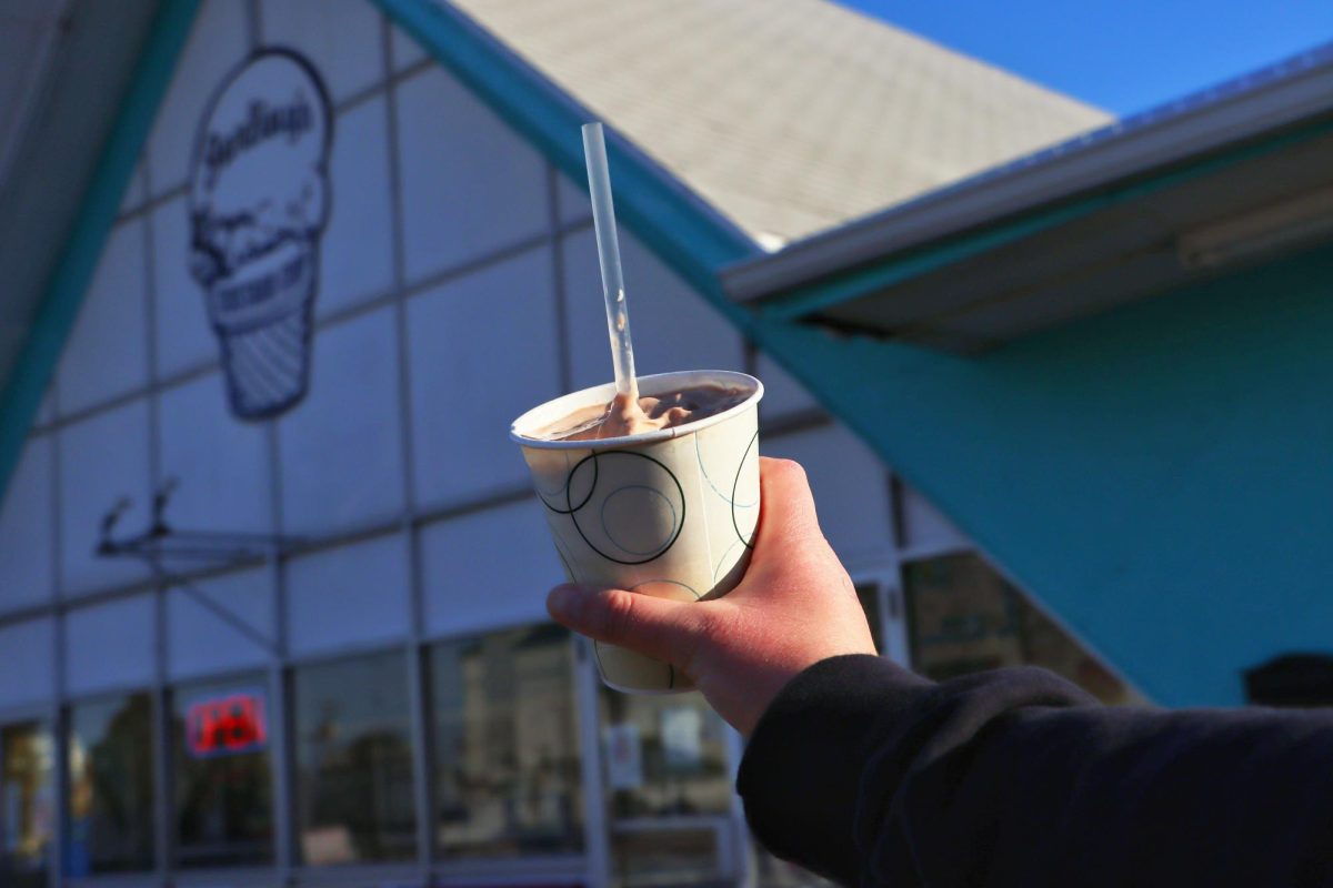 A chocolate milkshake is displayed in front of Jarling’s Custard Cup in Champaign on Feb. 16. Jarling’s Custard Cup, 309 West Kirby Ave., has served the CU community since 1983 with a wide selection of custard flavors and varieties.
