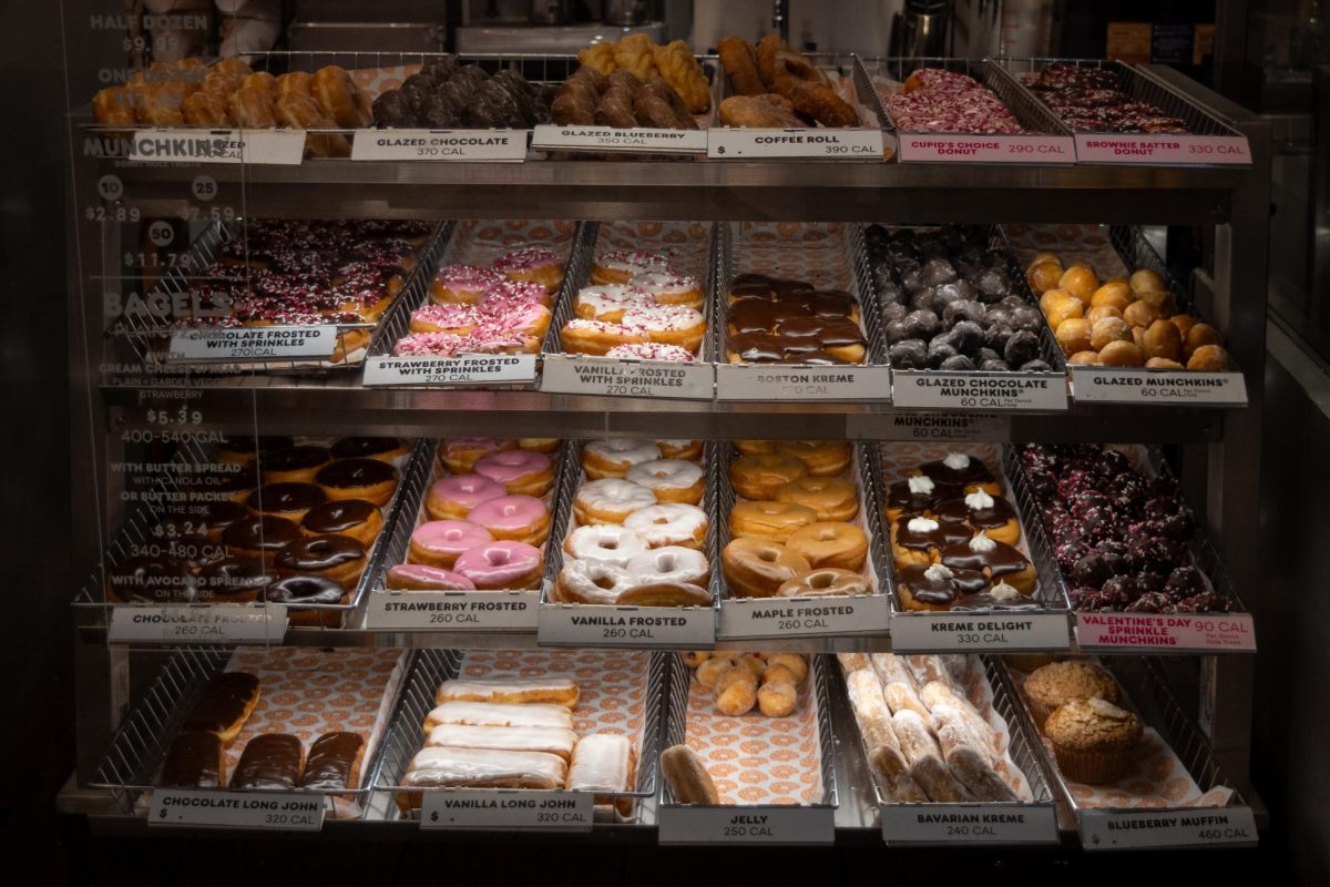 The day's selection of doughnuts sit in a display case at Dunkin' on Green Street on Feb 18.
