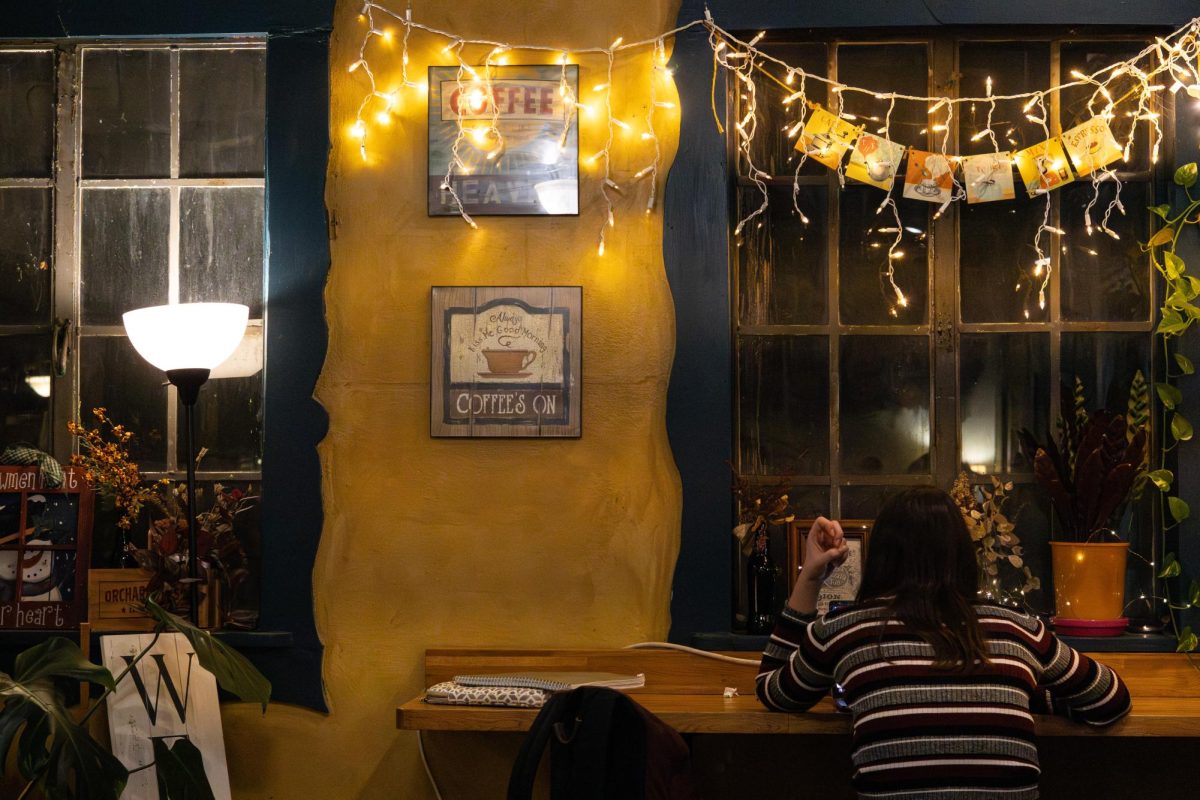 A person sits with a laptop in Caffe Paradiso on Feb. 18. The cafe is a popular spot for students and community members to do work and enjoy hot drinks, sandwiches and other items from the menu.