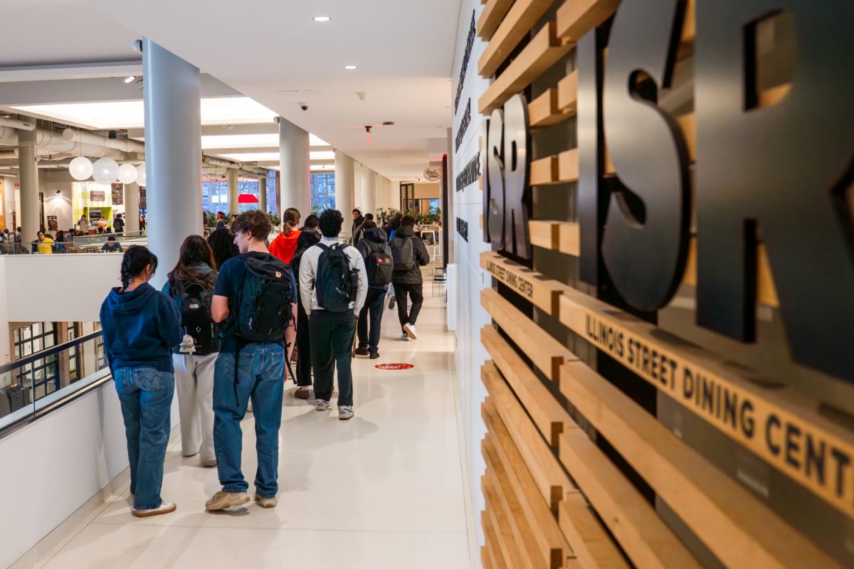 Students wait in line to get a meal at the Illinois Street Dining Center on Feb. 20. ISR Dining Center offers a wide variety of cuisine options with its eight micro-style restaurants.