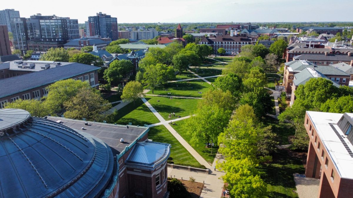 An aerial view shows students gathering on the Main Quad on a sunny afternoon May 9, 2023.