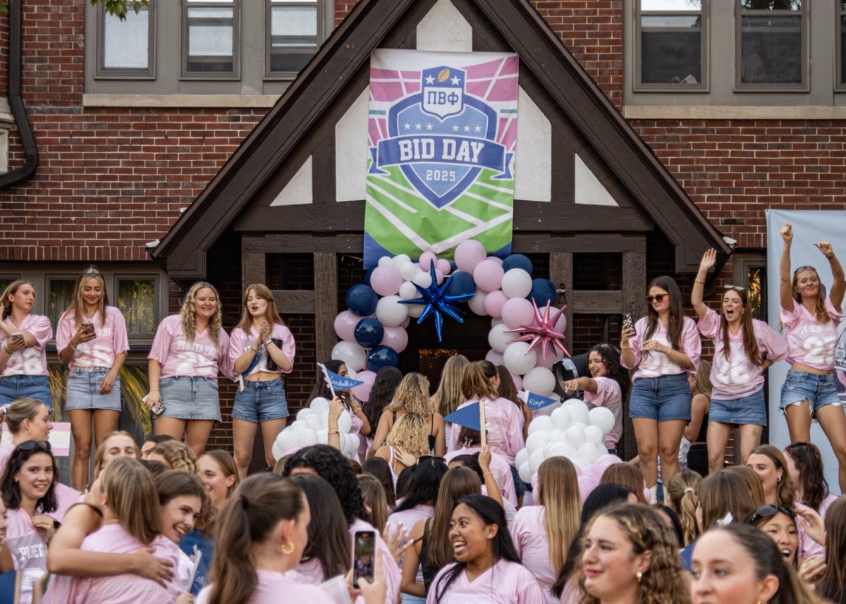 Members of Pi Beta Phi welcome new members into their house on South Wright Street after Bid Day on Sept. 15, 2025.