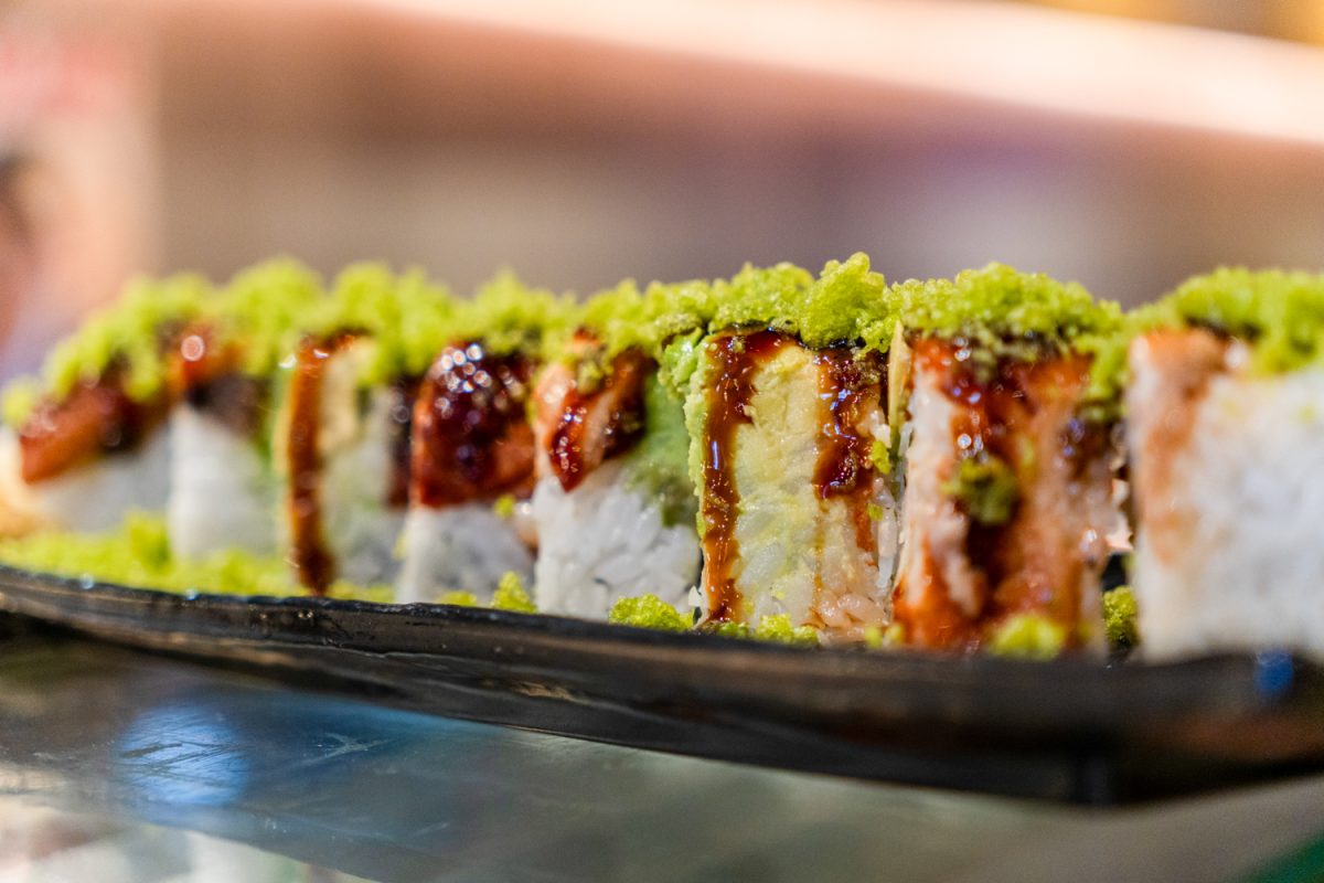 A sushi roll sits ready to be served at Sakanaya on East Green Street on Feb. 14. The Japanese restaurant features a menu with sushi, chicken teriyaki, katsu and poke bowls.