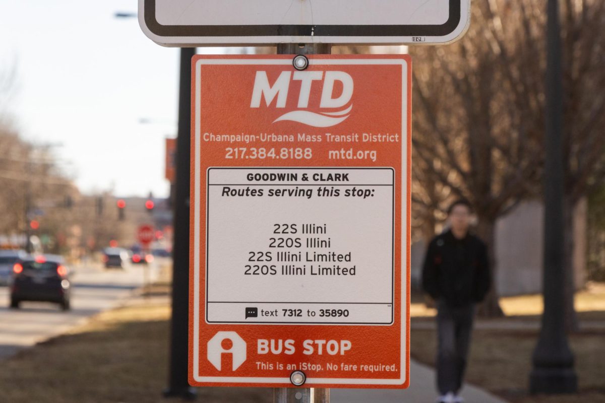 A MTD iStop sign displays the various 22 Illini buses which stop there on Feb. 18. MTD and the University's Student Affairs division will host a town hall on April 6, encouraging feedback from the campus community.