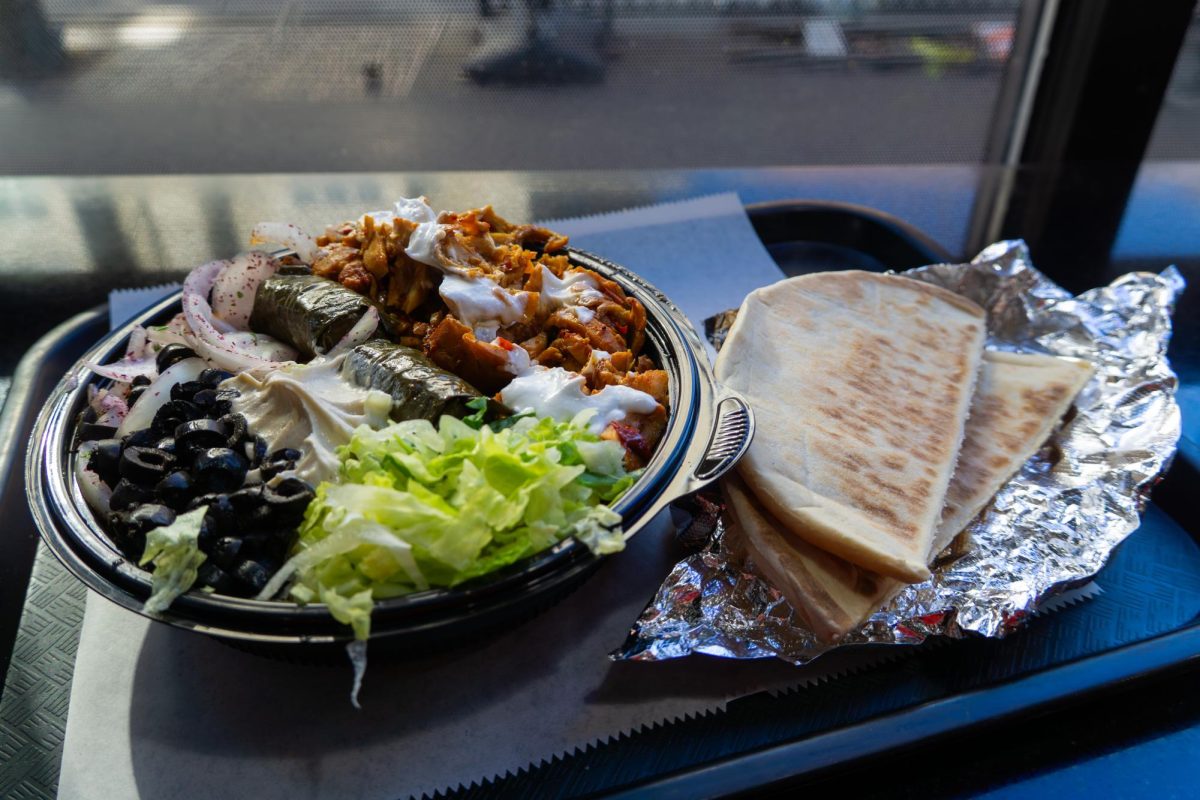 A spicy chicken rice bowl sits on a table at Shawarma Joint on Feb. 20.