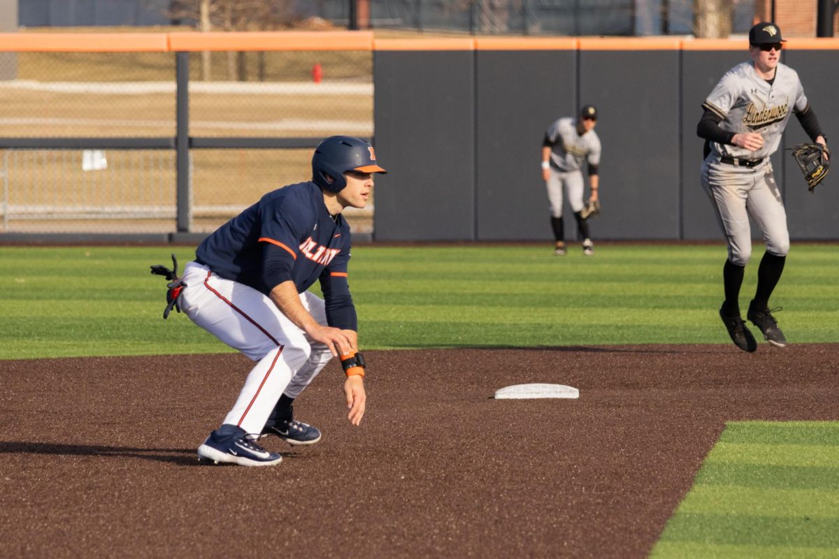 Senior catcher Will Johannes crouches just past second base during a game against Lindenwood on Feb. 25.