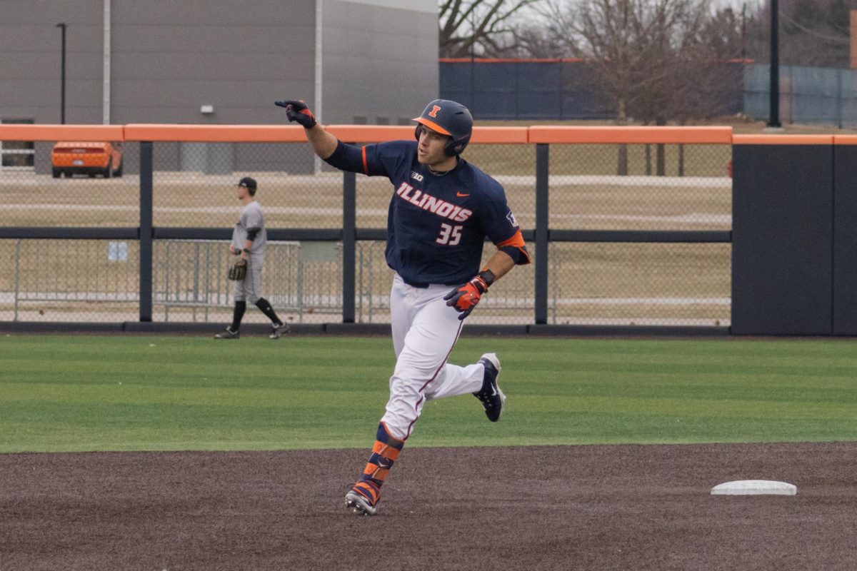 Senior catcher Will Johannes circles the bases following a three-run home run against Lindenwood on Feb. 25. Illinois would go on to win the game 13-9, their first home win of the 2026 season.