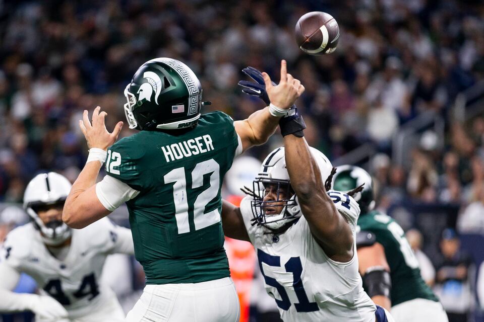 Penn State defensive tackle Hakeem Beamon hits Michigan State quarterback Katin Houser as he throws during the third quarter on Nov. 11, 2023.
Joe Hermitt | jhermitt@pennlive.com