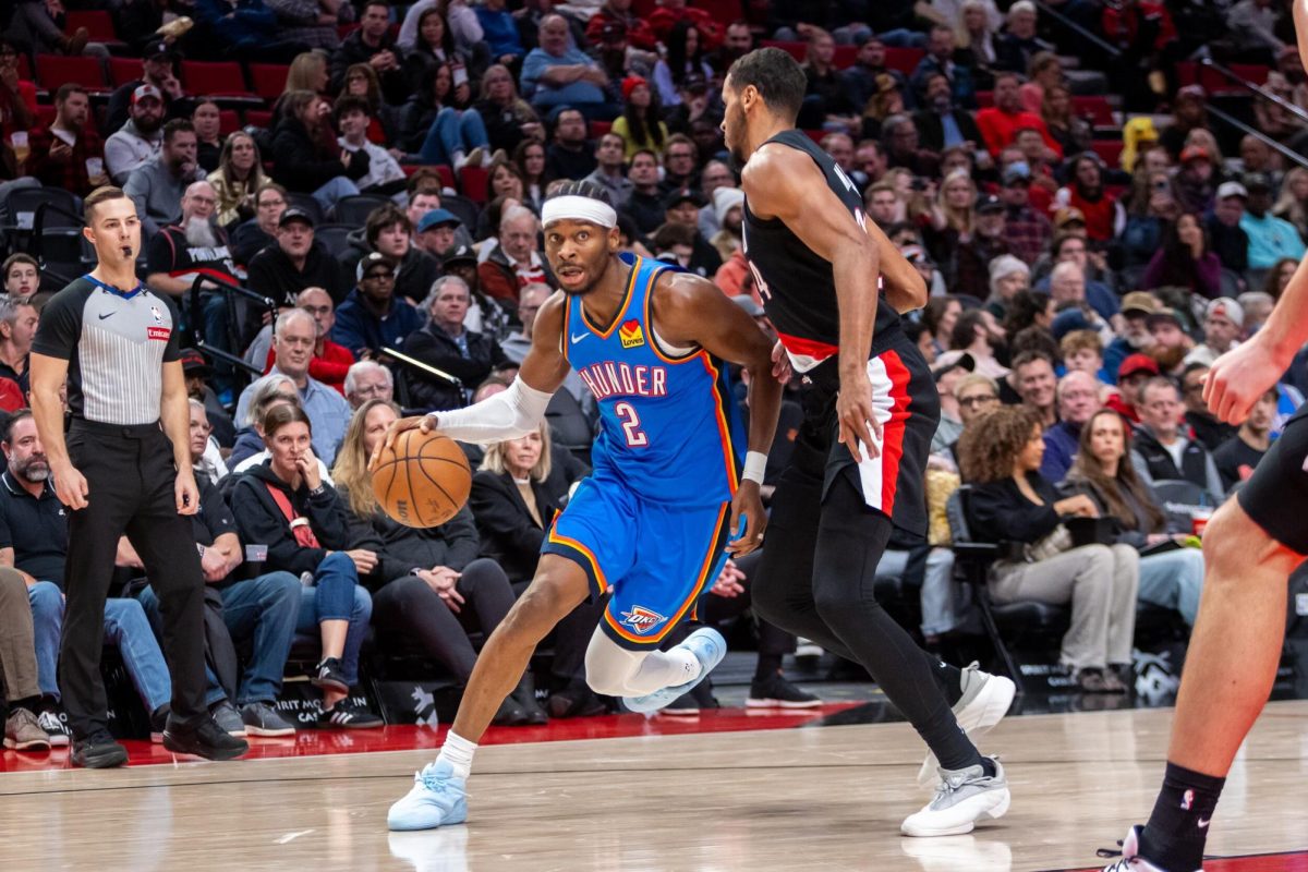 Oklahoma City Thunder guard Shai Gilgeous-Alexander drives toward the basket against the Portland Trailblazers during an NBA game at Moda Center on Nov. 5, 2025.